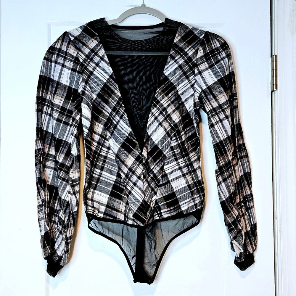 Only Hearts Frankie Plaid Flannel Sheer Mesh Thong Bodysuit Size S